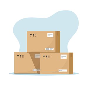 Three cardboard boxes stacked on top of each other with shipping labels on them.